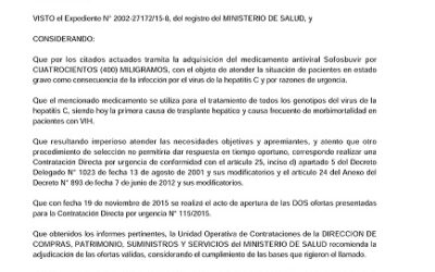 El Ministerio de salud Argentino aprobó la compra de Sofosbuvir para tratamientos para tratamientos de Hepatitis C