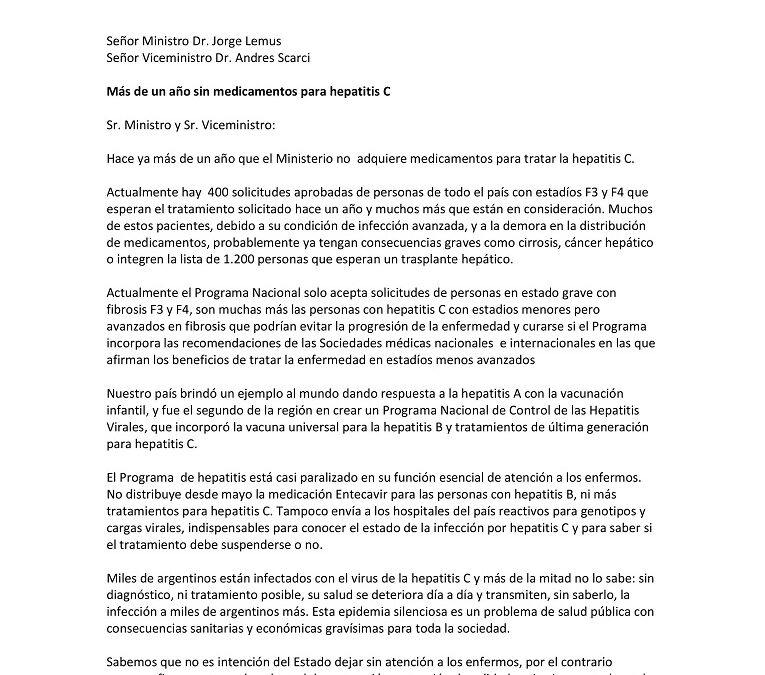 Más de un año sin medicamentos para hepatitis C en Argentina. Carta abierta al Ministro de salud